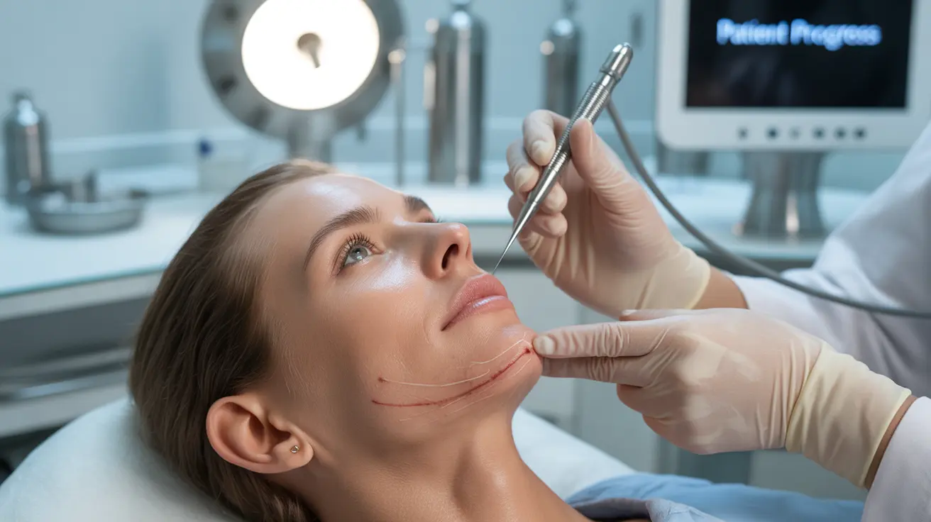 Detailed illustration of a dermatologist performing subcision on a patient's face, showcasing the specialized needle under bright clinical lighting.