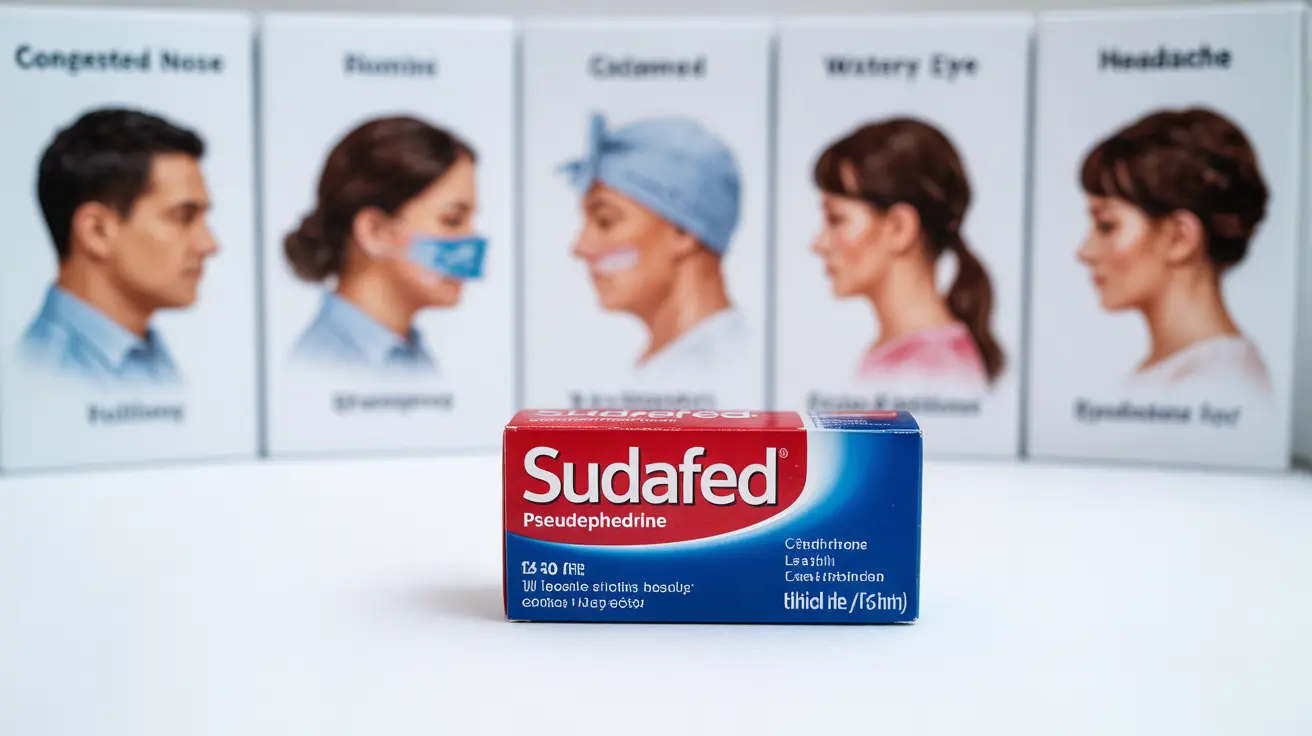 Detailed illustration depicting Sudafed packaging, nasal congestion relief, and symptoms not treated by Sudafed on a neutral clinical background.