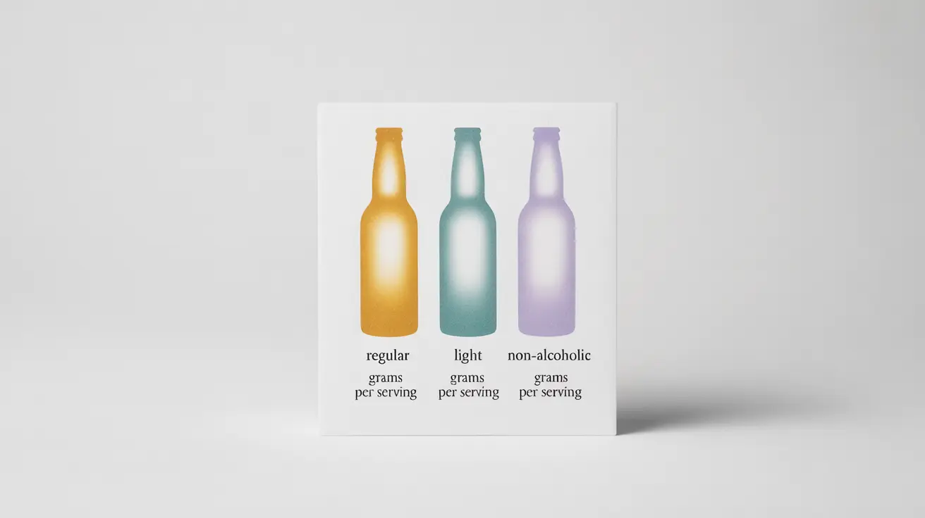 Infographic with beer bottles labeled regular, light, non-alcoholic; showing sugar content values in pastel colors