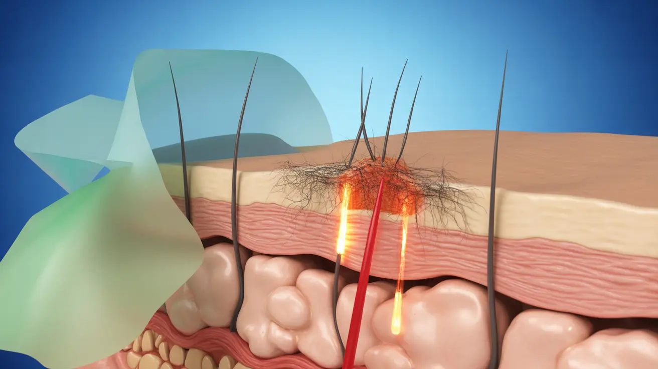 Detailed illustration of human skin showing sun damage and repair processes, layers affected by UV exposure and treatment by chemical peels and laser therapy, informative lighting