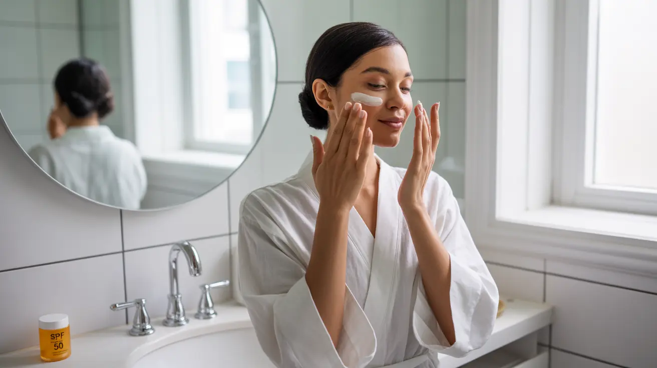 Person with dark skin applying sunscreen on face in a bright, well-lit bathroom with calming atmosphere