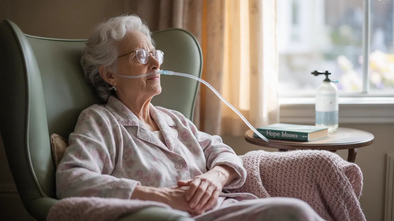 Person resting with nasal cannula for oxygen, small tank nearby, illustrating coping in end-stage COPD