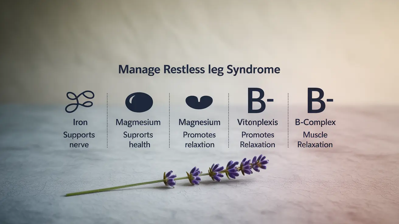 Infographic showing iron, magnesium, and B-complex vitamins with benefits for restless leg syndrome in a bright, organized layout