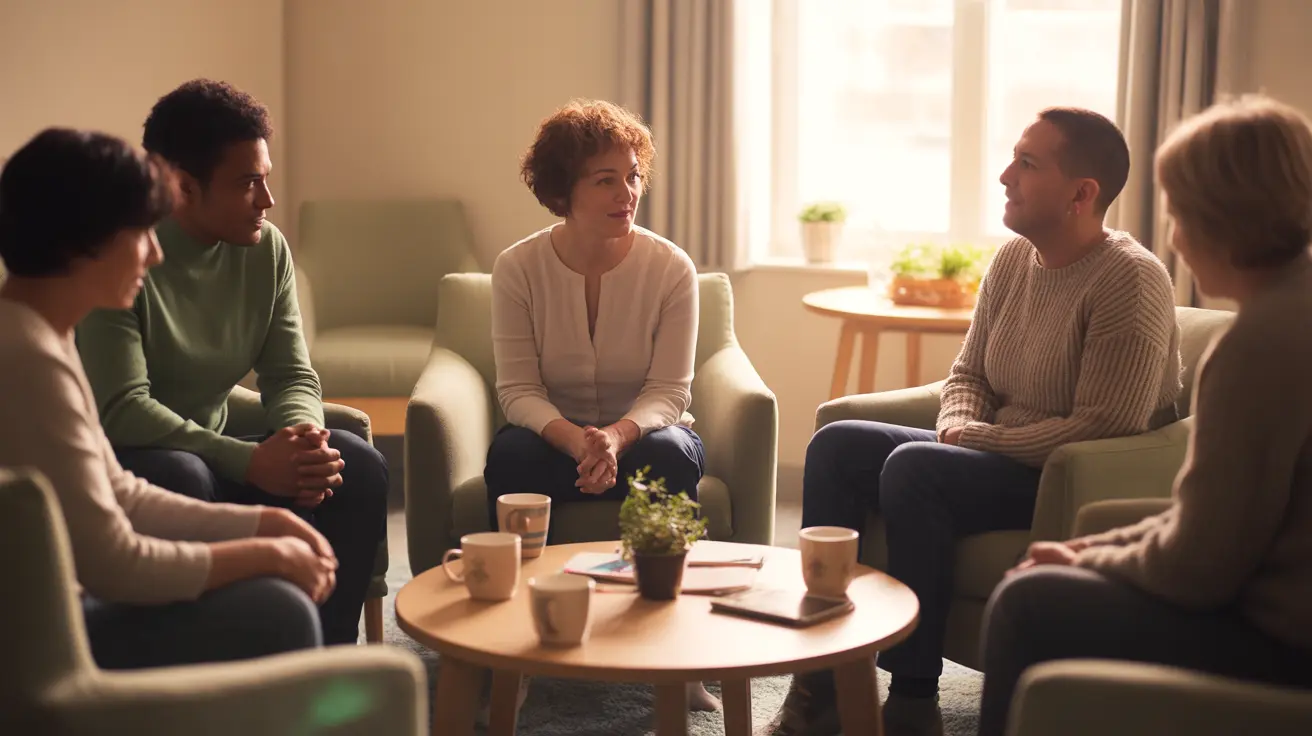 Diverse group of individuals engaged in a support group for bipolar disorder, sharing experiences in a comfortable community space with a hopeful mood.