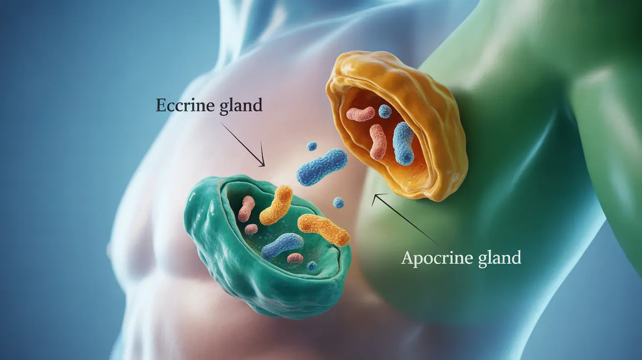 Detailed illustration showing the two types of sweat glands (eccrine and apocrine) with labels, emphasizing the chemical composition of stress sweat interacting with skin bacteria.