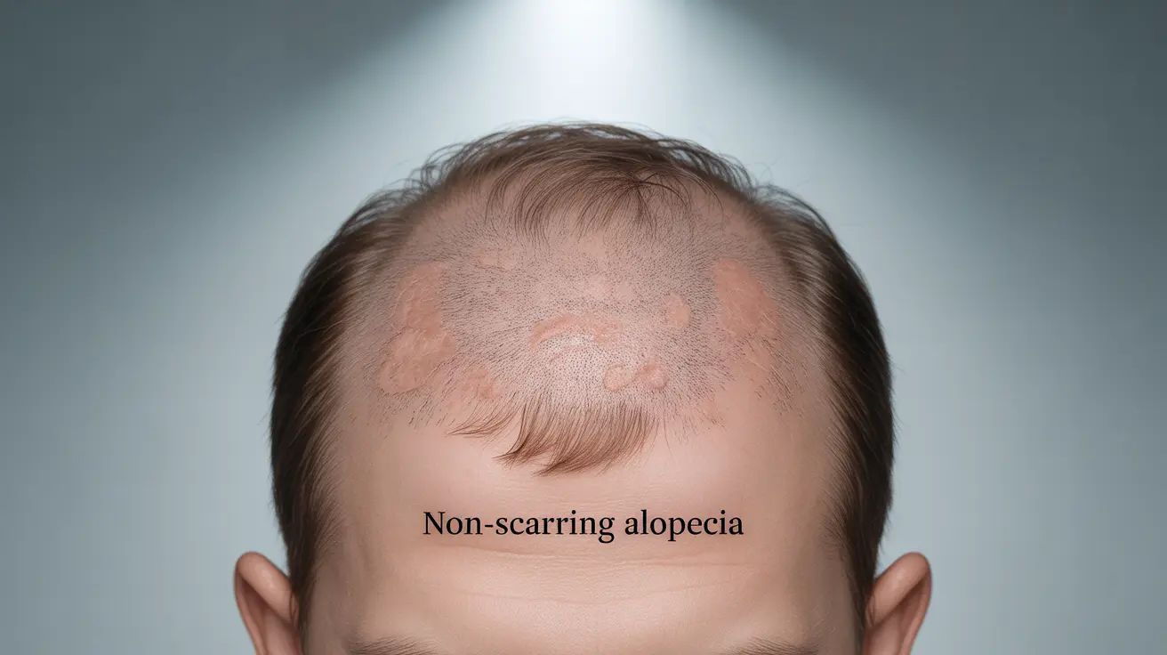Detailed illustration showing patchy, moth-eaten hair loss on human scalp typical of secondary stage syphilis, labeled for non-scarring, asymmetric distribution