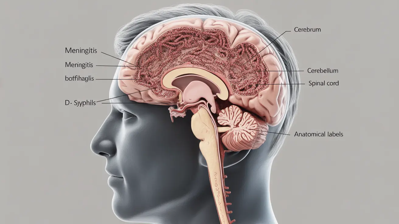 Detailed illustration of human brain highlighting meningitis with syphilis bacteria affecting protective membranes, labeled brain anatomy.