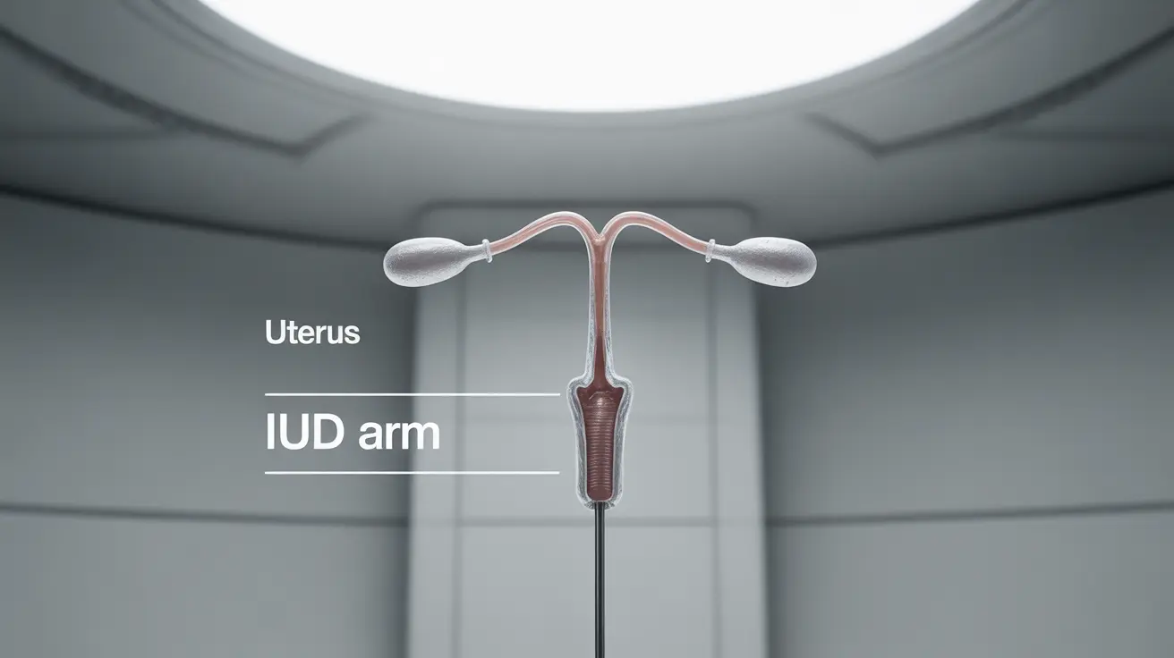 Detailed illustration of a T-shaped intrauterine device (IUD) being inserted into the uterus, in a bright clinical setting with anatomical labels