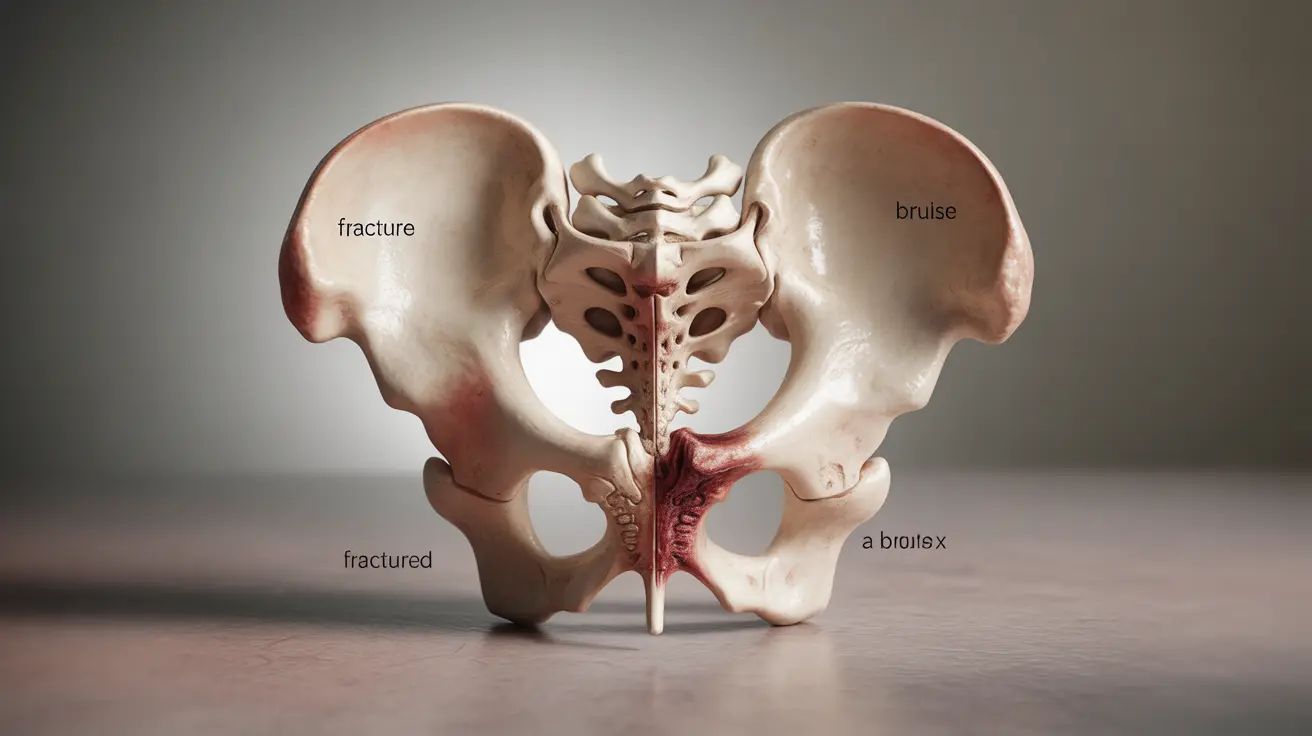 Detailed illustration, close-up view of human tailbone, clearly labeled fracture and bruise differences, abstract background