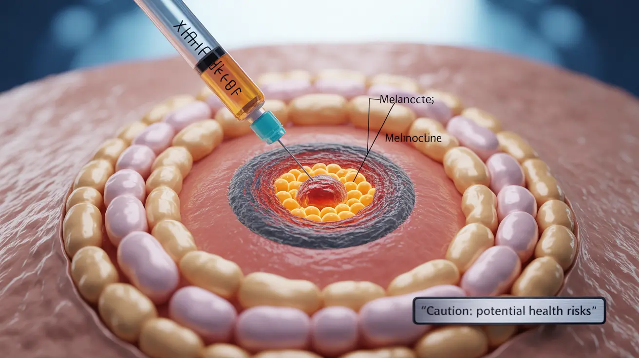 Illustration showing tanning injections process at skin's cellular level, highlighting hormone effects on melanocytes and melanin with clinical clarity.