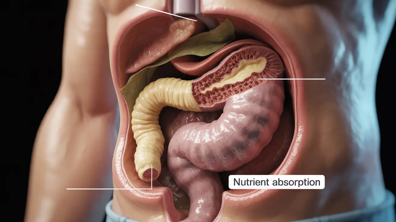 Detailed illustration of a tapeworm inside the human intestines, attached to the intestinal wall, depicting nutrient absorption with clinical accuracy, cautionary tone