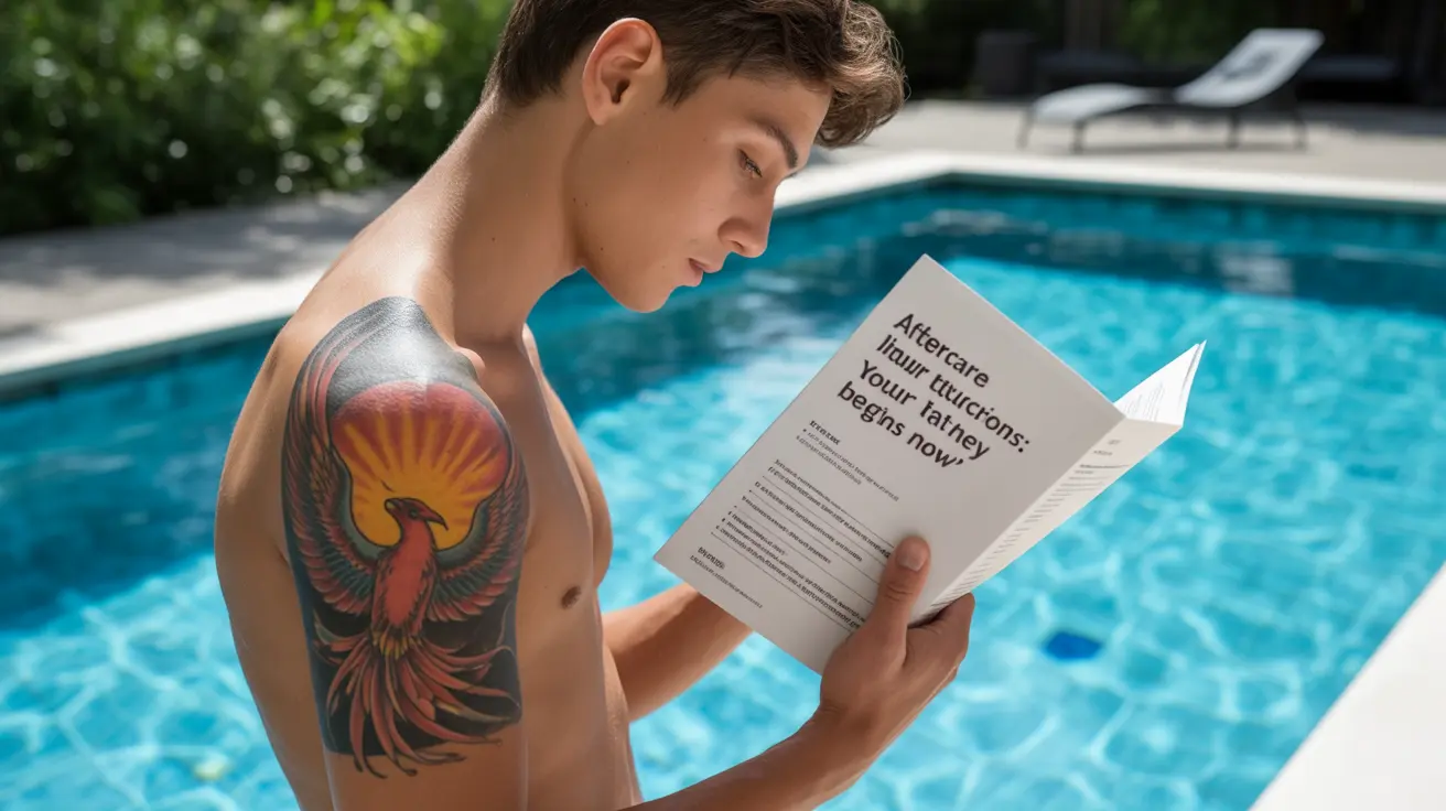 Detailed illustration of a person with a new tattoo on their arm, standing near a swimming pool while reading a tattoo aftercare guide, in bright sunlight.