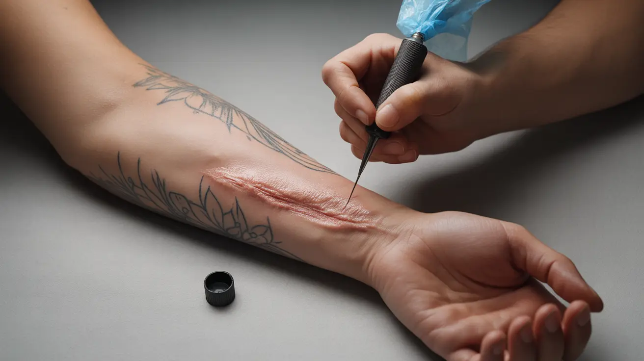 Detailed illustration of a needle tattooing over a visible scar on skin, showing the scar texture and an intricate tattoo design in progress, bright studio lighting.