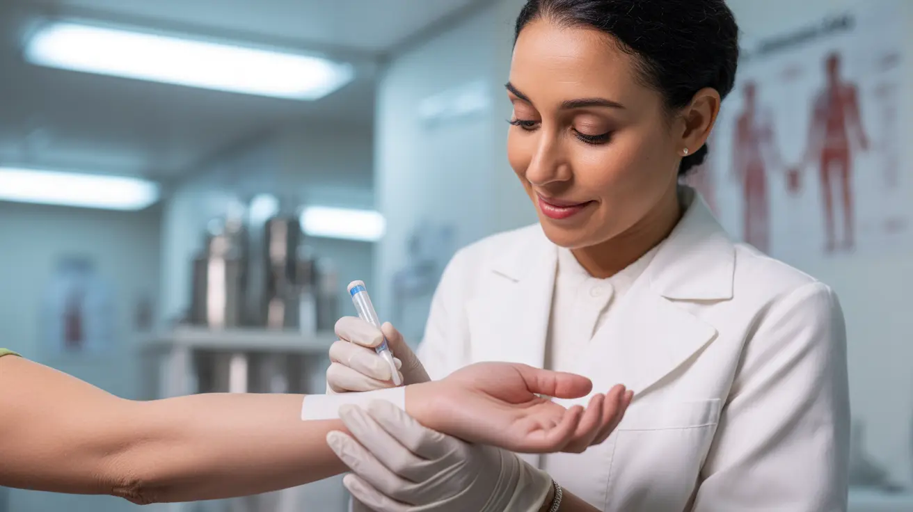 Healthcare professional administering TB skin test on patient's forearm in a clinical setting, with medical equipment visible in the background