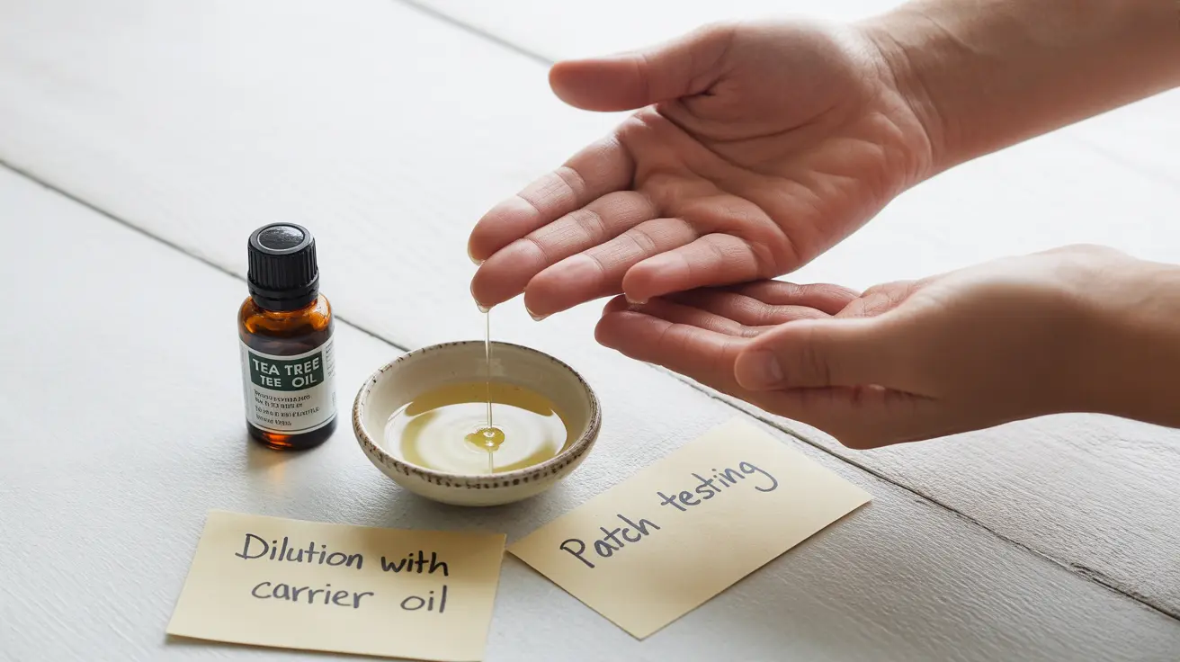 Illustration of tea tree oil bottle, bowl with carrier oil, hand and scalp application, labels showing dilution and patch test on light background