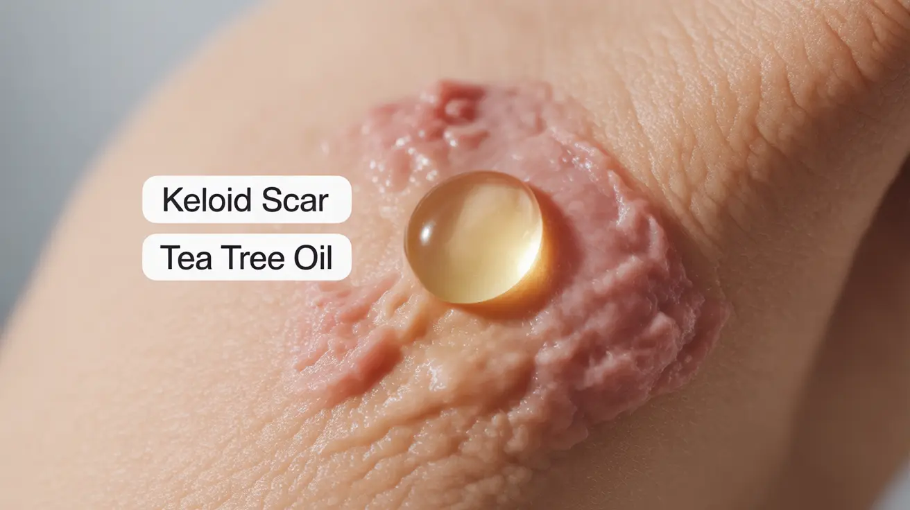 Illustration of keloid scar on skin with diluted tea tree oil application, labeled scar tissue and oil, educational style