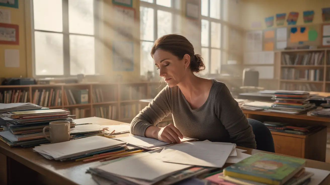 Teacher sitting at a cluttered desk in a classroom, looking overwhelmed while grading papers, with natural light creating a somber mood