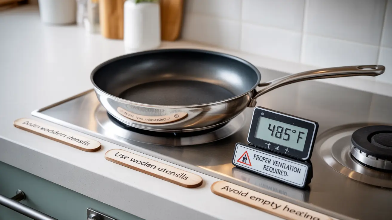 Infographic of nonstick Teflon pan on stovetop with temperature gauge, warning symbols, and safe usage labels in a kitchen setting