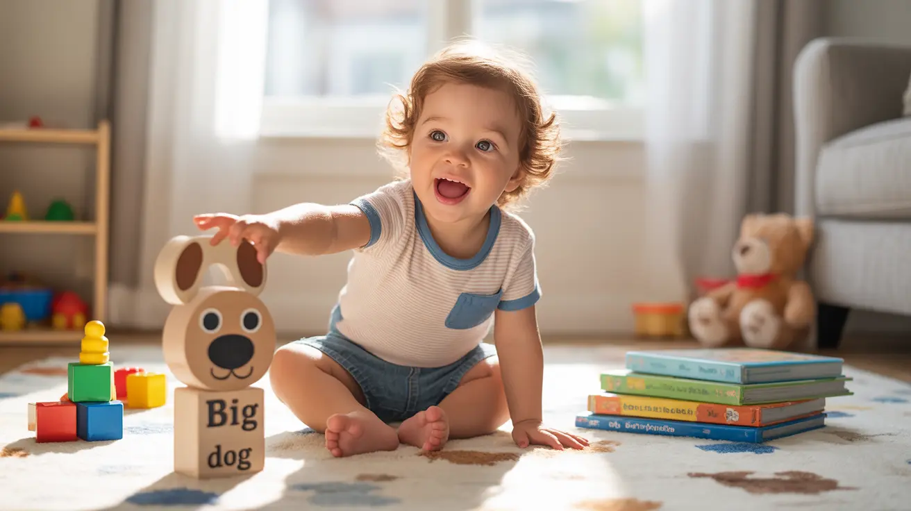 Toddler in a warmly lit room, expressing telegraphic speech with toys and picture books scattered around, showcasing simple word combinations