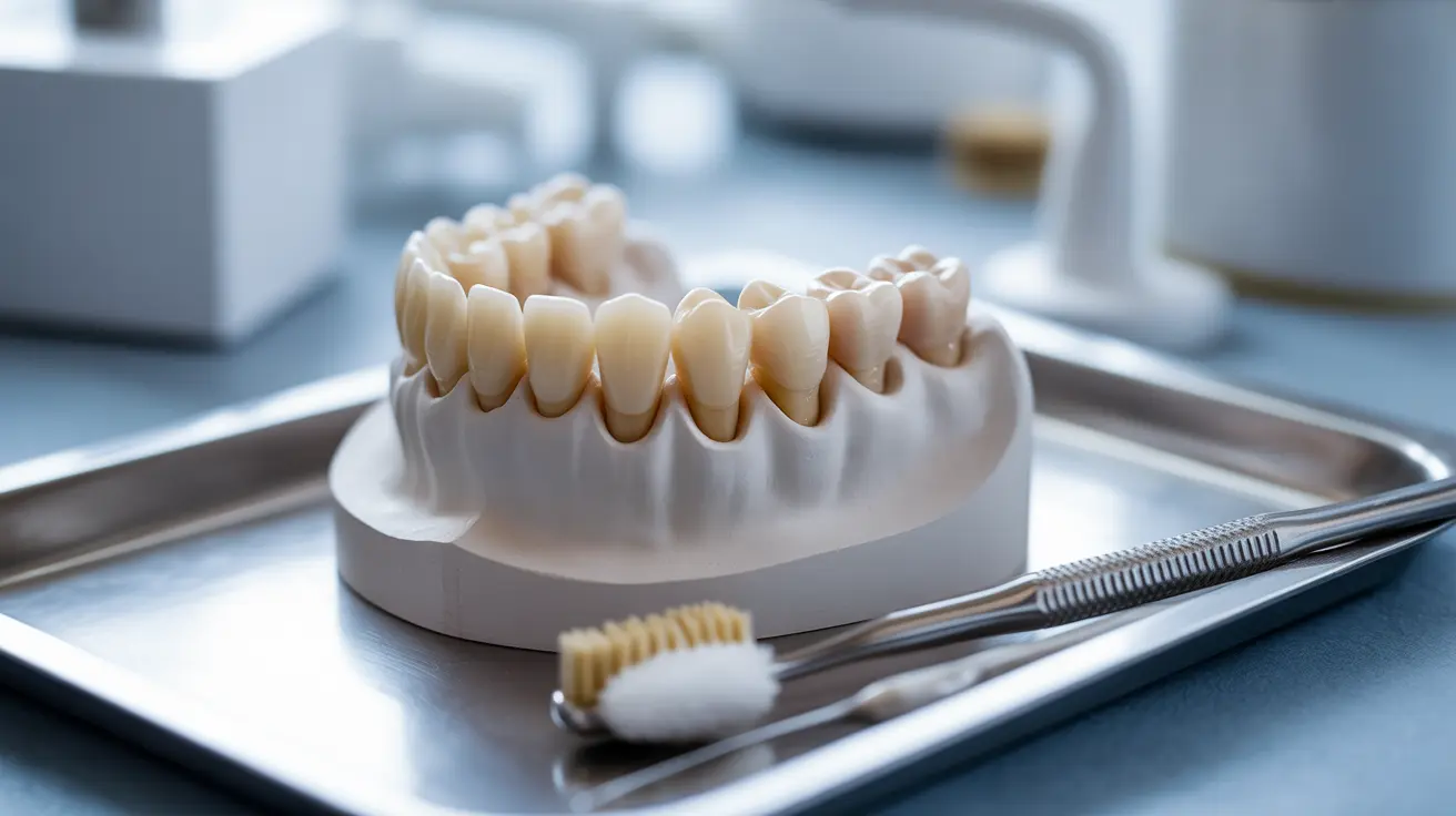 Illustration of a temporary dental crown on a tooth with a soft-bristled toothbrush and floss, showing proper care techniques in a dental care setting