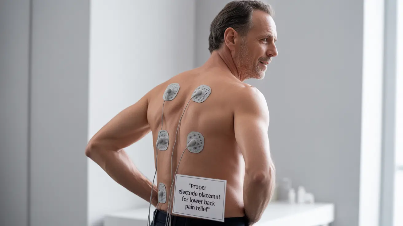 Detailed illustration of a human figure with TENS unit electrode pads placed for lower back pain relief in bilateral and cross patterns, with labels.