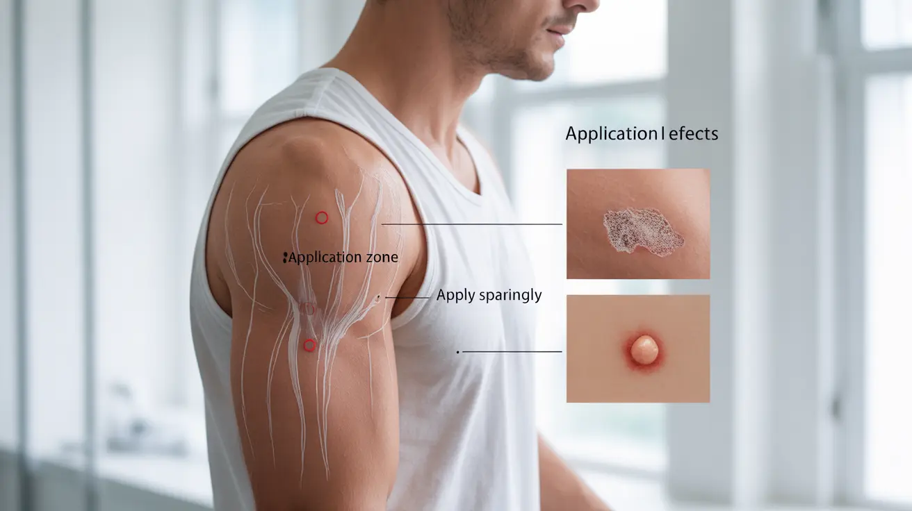 Detailed illustration of a male figure showing application sites for testosterone cream on the upper arm and shoulder, highlighting skin irritation and acne.