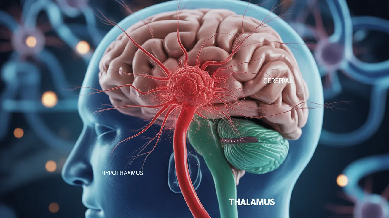 Brain illustration highlighting thalamus with blood clot affecting blood flow, labels identifying brain structures, scientific tone
