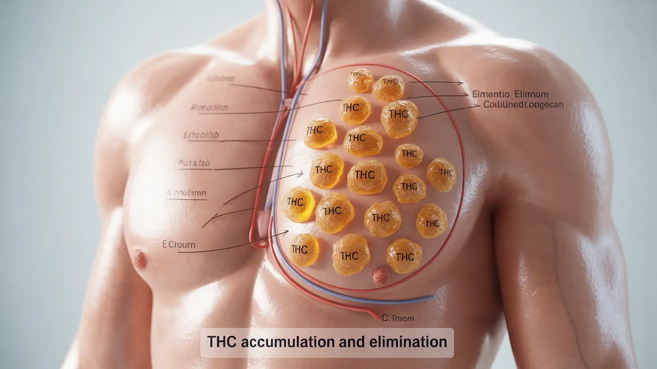 Detailed illustration, anatomical representation of human body showing THC accumulation in fat cells and elimination processes, bright educational lighting, clean schematic style.
