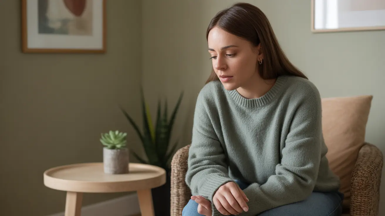 Detailed illustration of a person sitting in a cozy therapy room, looking contemplative with a thoughtful expression in soft, inviting lighting.