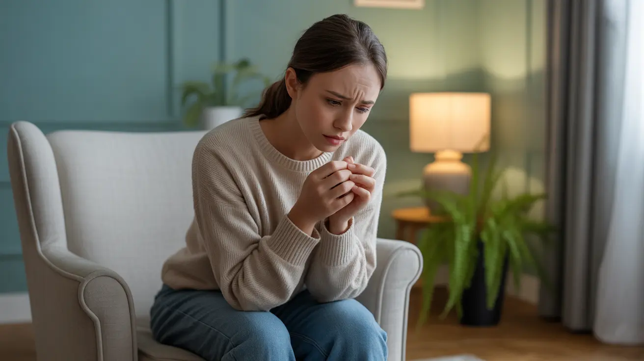 Detailed illustration of a person in a calm therapy room displaying emotional discomfort with muscle tension and a look of anxiety.