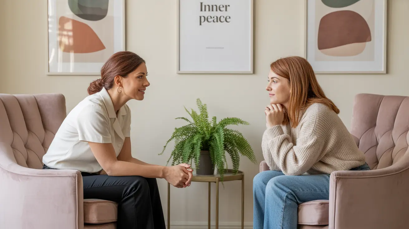 Therapist engaging with patient in a therapy room, warm lighting, plush chair, table with plant, serene artwork on walls