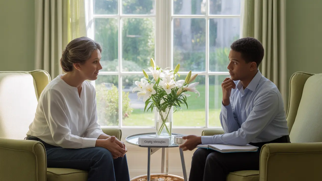 Therapist and patient discussing coping strategies for somatic symptom disorder in a warmly lit room with neutral decor