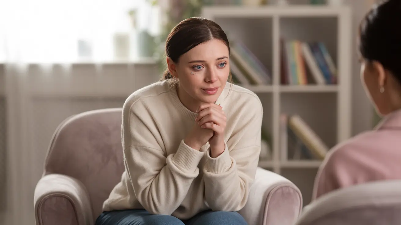 A person sharing their traumatic experiences with a therapist in a cozy therapy room, focused on support and healing.