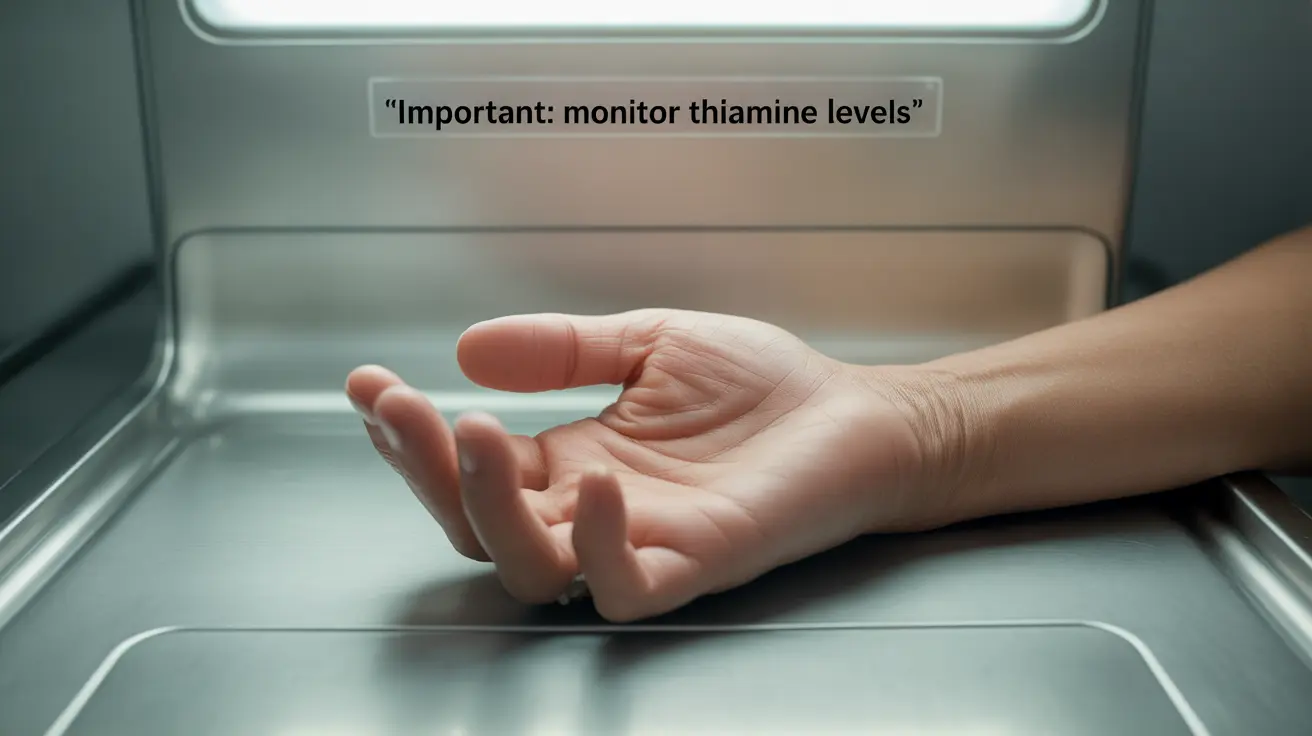 Detailed illustration showing the various symptoms of thiamine deficiency, including fatigue, irritability, and numbness in extremities, set against a neutral clinical background