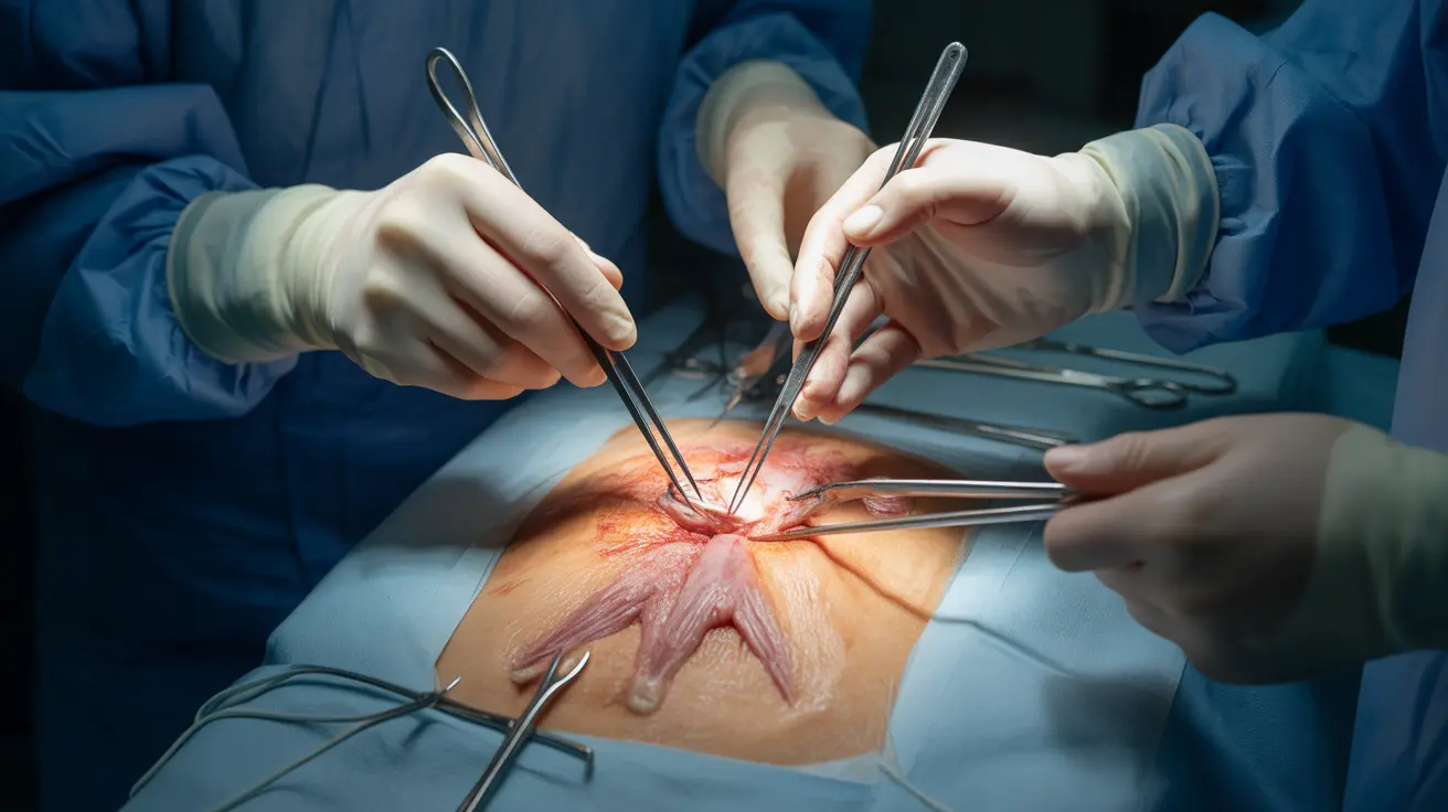 Detailed illustration of a surgical procedure focusing on thigh reduction, showcasing anatomical changes and precise incisions in a bright surgical room.