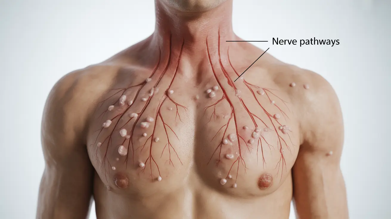 Detailed illustration of the thoracic area showing shingles rash under the breast, with nerve pathways labeled, on a clean white background.