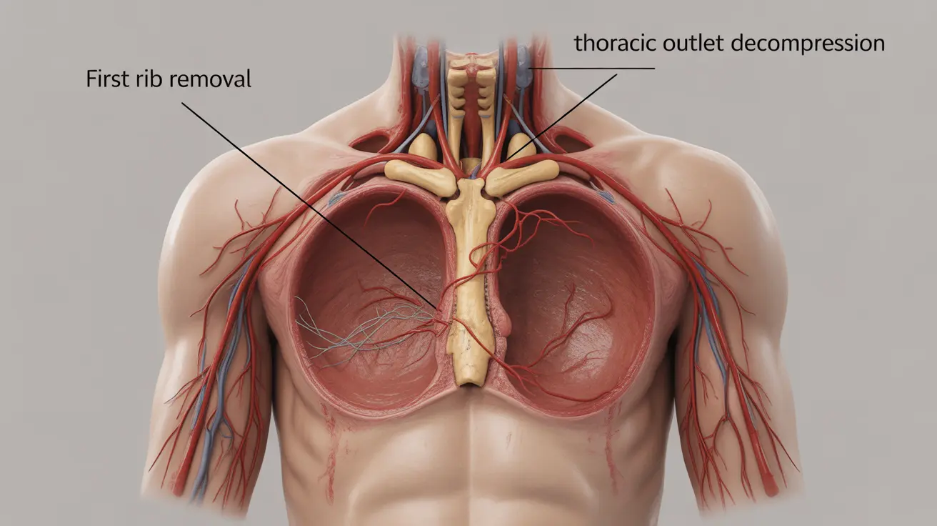 Detailed illustration depicting thoracic outlet decompression surgery, showing rib removal and nerve decompression, labeled anatomical structures in clinical style