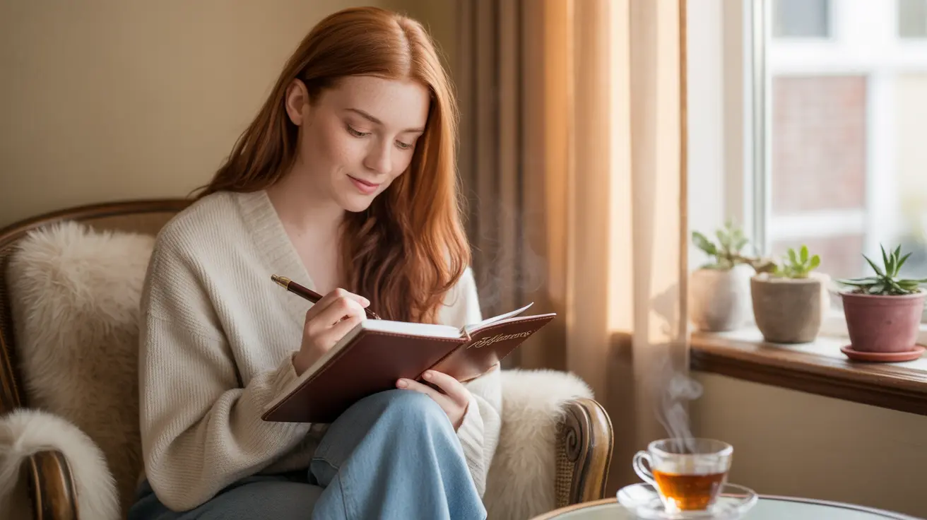Detailed illustration of a person in a cozy indoor setting, writing in a thought journal, reflecting thoughtfully with soft lighting.
