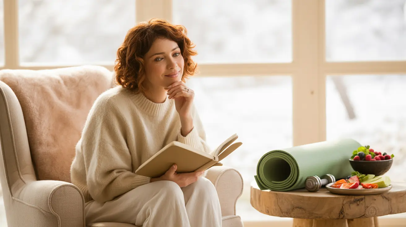 Detailed illustration of a thoughtful individual seated in a serene indoor setting, reflecting on health choices with healthy food and fitness equipment around.