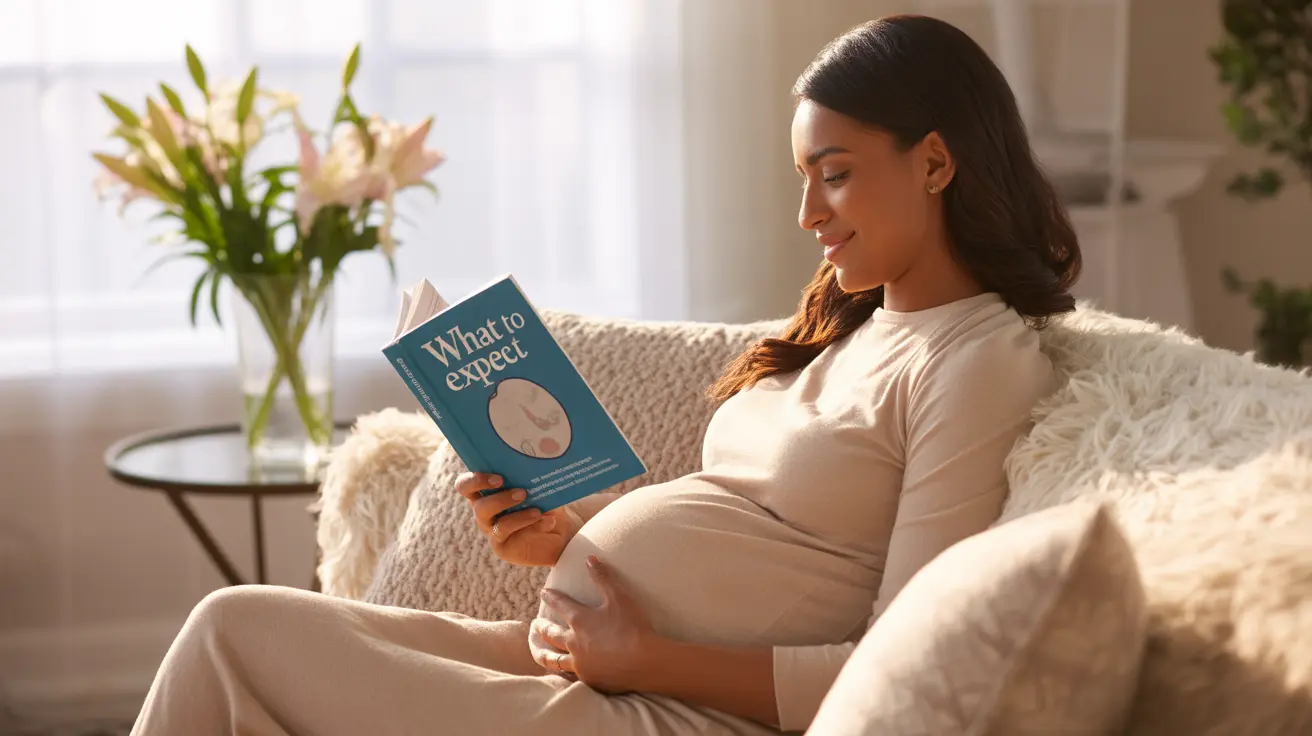Three-month pregnant woman sitting on a couch, reading a pregnancy guide with a smile in a cozy home setting