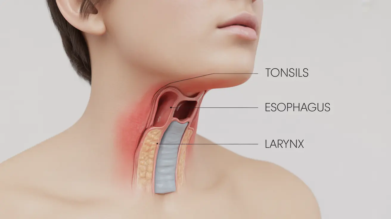 Detailed illustration of human throat anatomy with labeled parts including tonsils and esophagus, highlighting potential sources of bleeding, set against a neutral white background