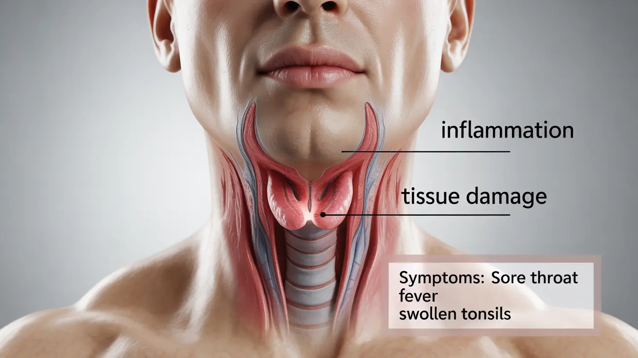 Detailed anatomical illustration of the throat, highlighting areas affected by cold and strep throat with clear labels for symptoms.