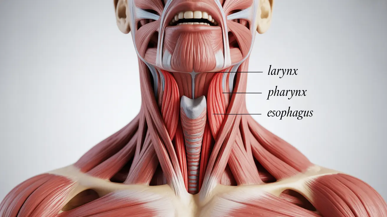 Detailed illustration of throat anatomy, showing muscles during spasm with highlighted areas indicating contraction and tension, set against a white background with labeled parts