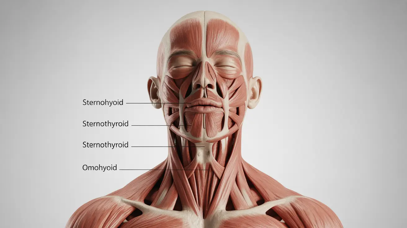 Detailed illustration showing human throat with muscles under tension, labeled anatomical parts on a neutral white background
