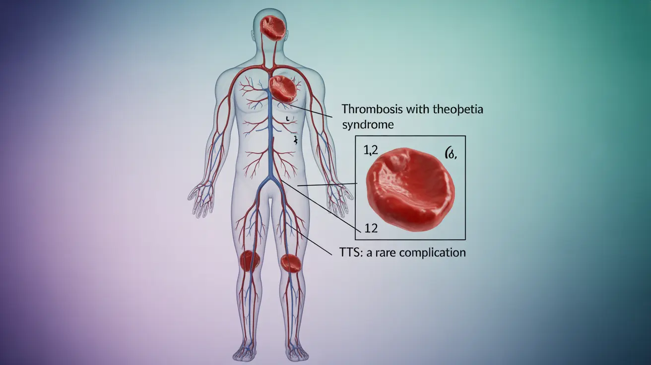 Detailed illustration of thrombosis with thrombocytopenia syndrome in a stylized human body diagram, showcasing blood clots and low platelet levels with labeled parts.
