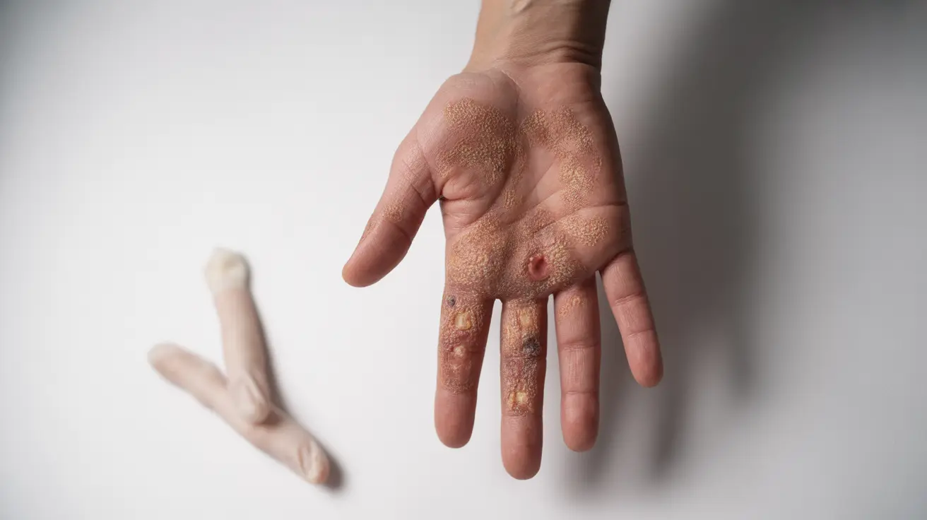 Detailed illustration of a hand with tinea manuum showing dry, scaly patches, blisters, and redness against a neutral clinical background