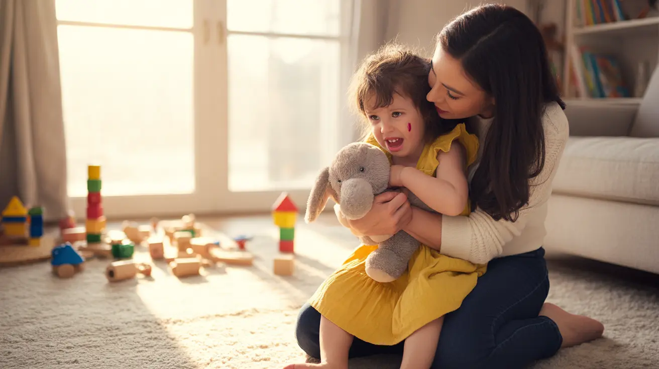 Parent comforting upset toddler having a tantrum in a bright living room filled with colorful toys