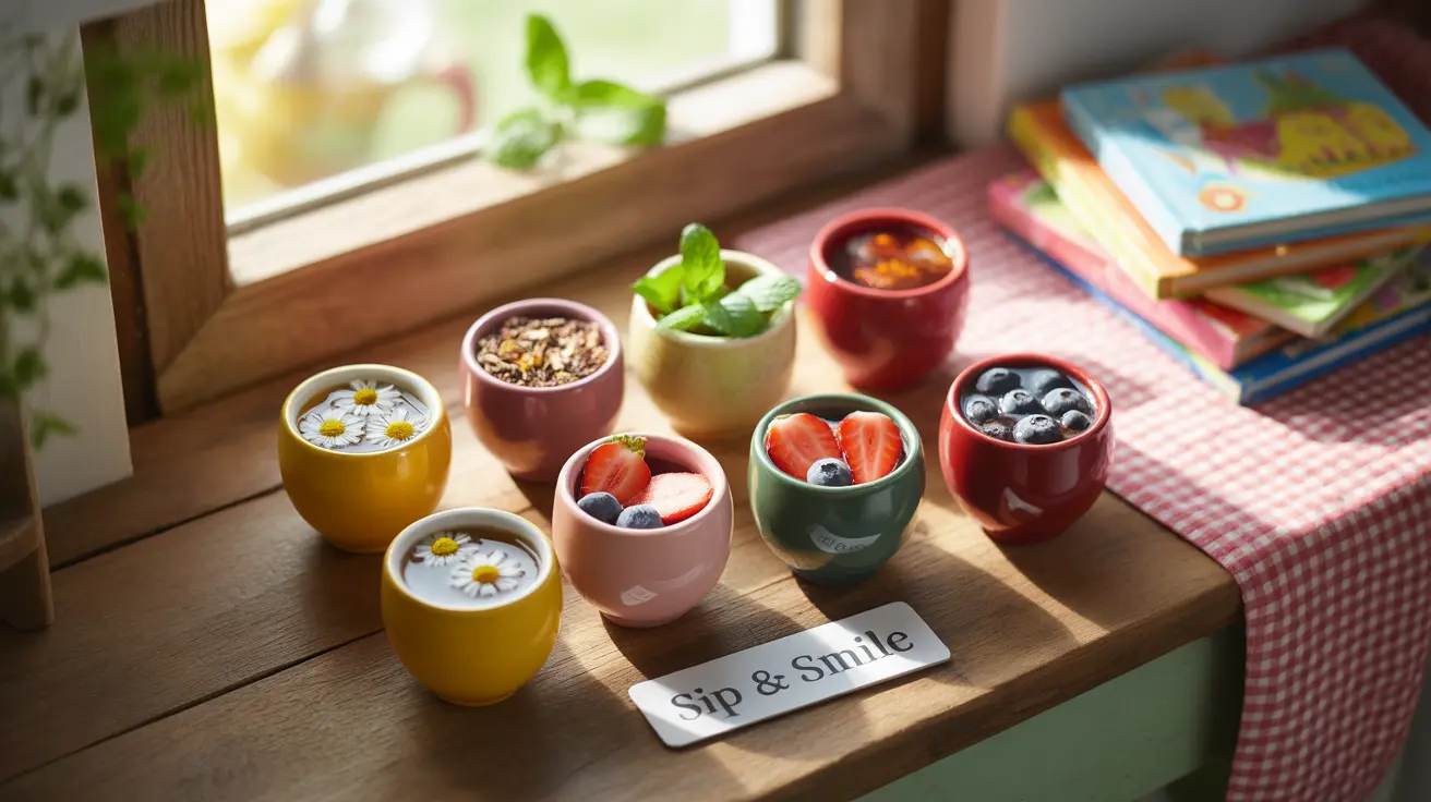 Caffeine-free herbal teas like chamomile, rooibos, mint in colorful cups on a wooden kitchen table in a cozy kitchen setting
