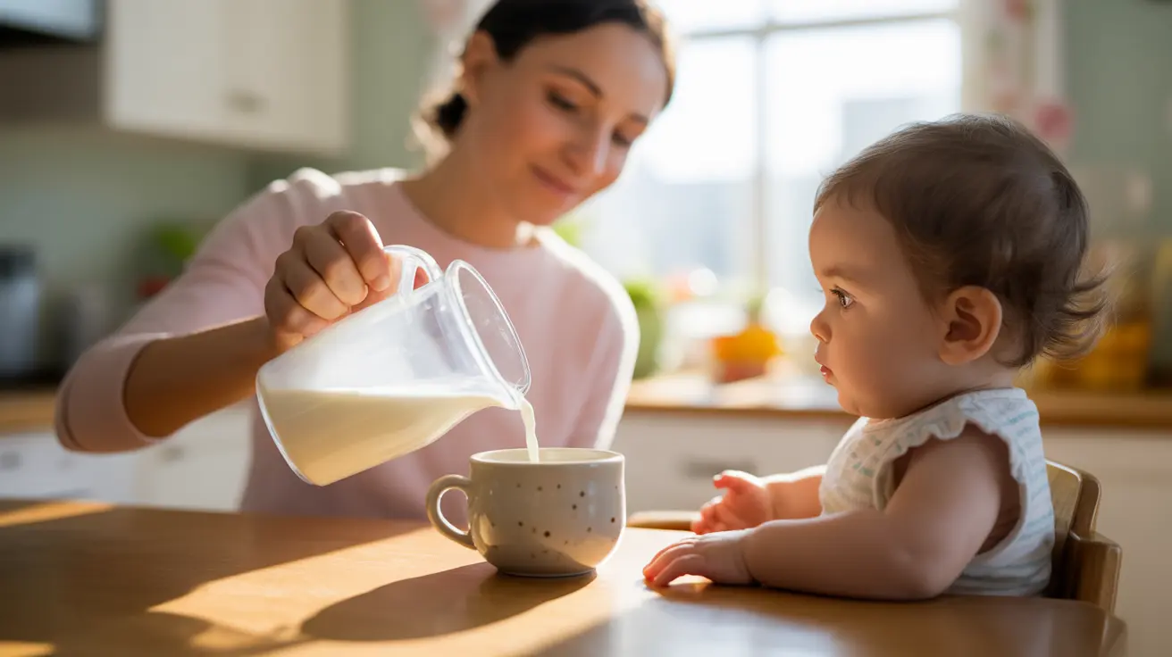 Parent pouring low-fat milk into a cup for their toddler at a kitchen table in a warm and cheerful family-friendly kitchen