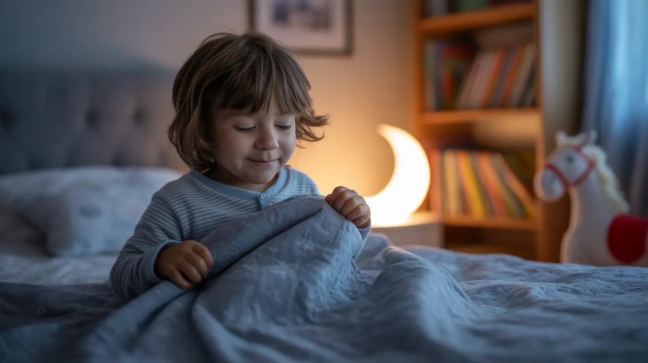 Young child tossing and turning in a dimly lit bedroom with comfortable bedding and nighttime ambiance